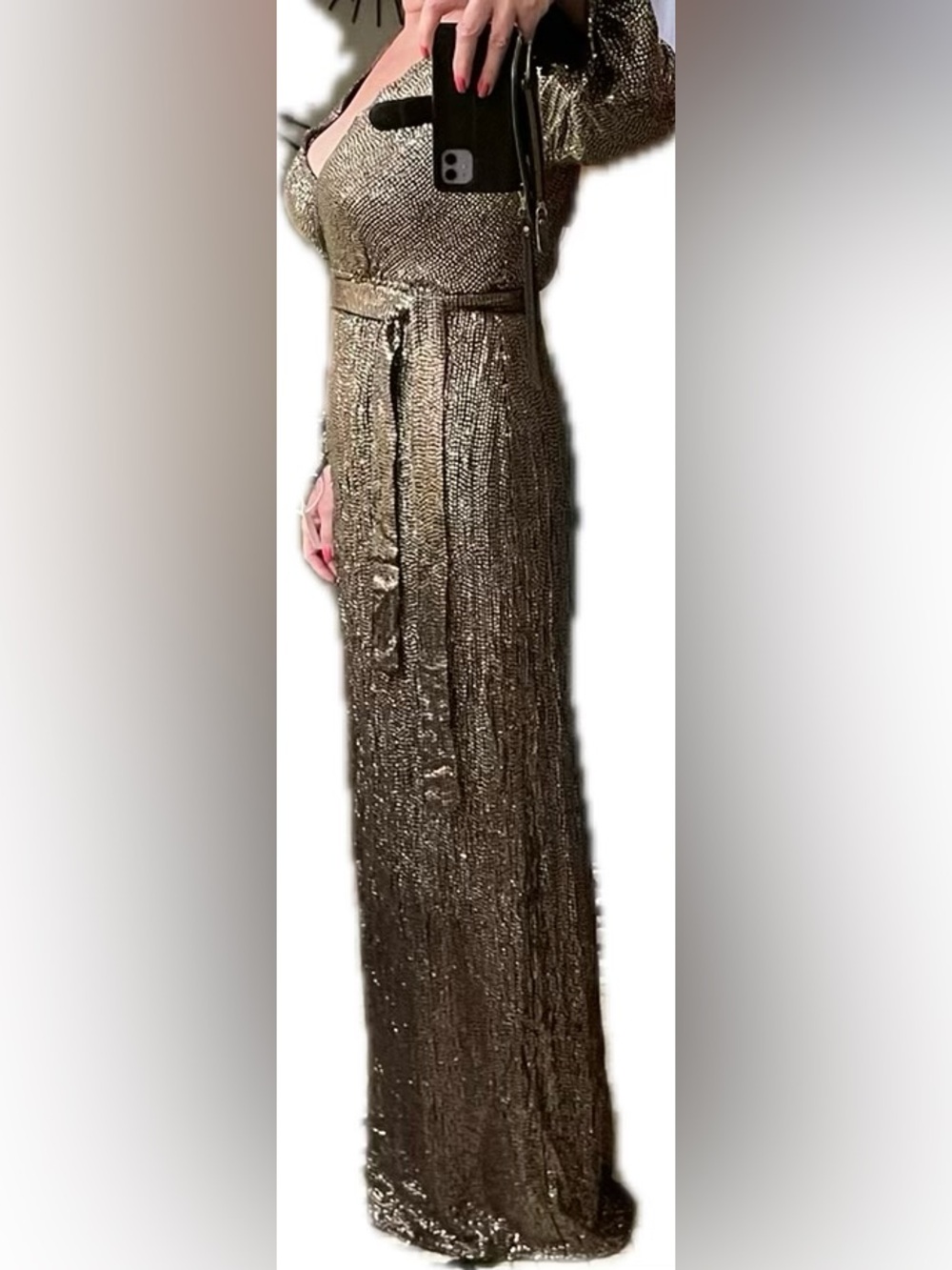 Maria Lucia Hohan Long-Sleeve Metallic Gold Sequin Maxi Wrap Dress NWT